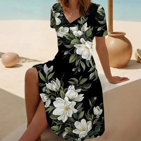 New V-neck casual flower print short-sleeved medium-length dress m302707