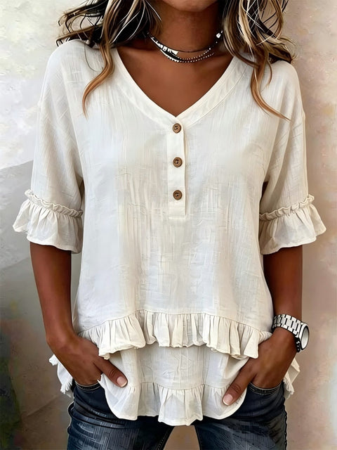 Lotus leaf edge V-neck irregular hem short sleeve m302918