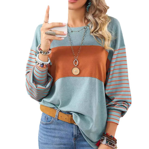 Pullover round neck casual striped contrasting long-sleeved t-shirt women's m300875