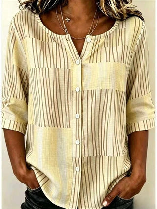 Cotton and linen shirt round neck seven-quarter sleeve single-breasted casual top m303032