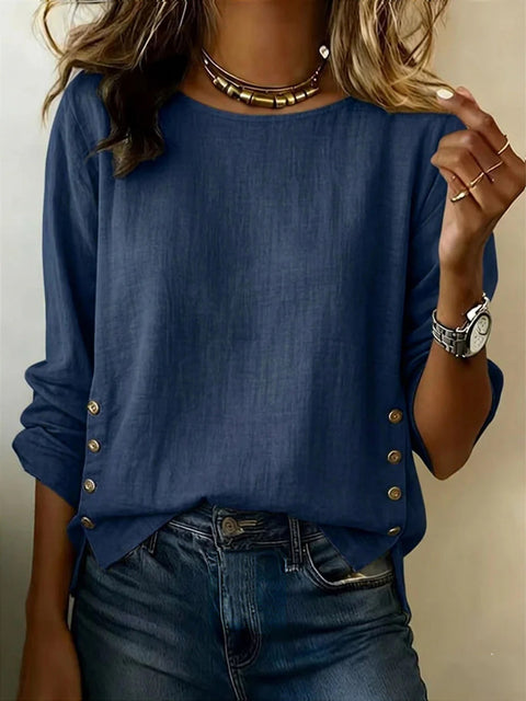 Women's T-shirt solid color round neck casual loose cotton and linen top m302837