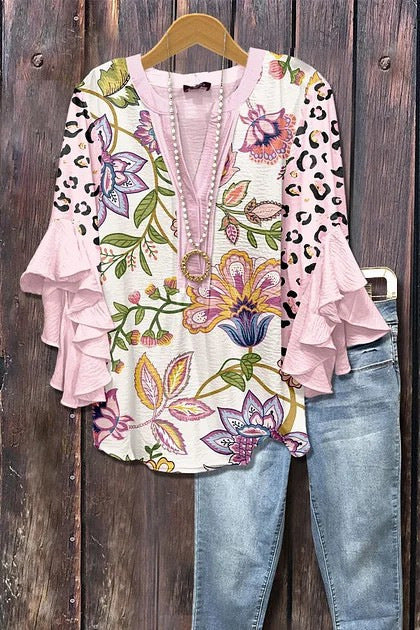 Digital printing casual trend V-neck lotus edge T-shirt women's m302725-1