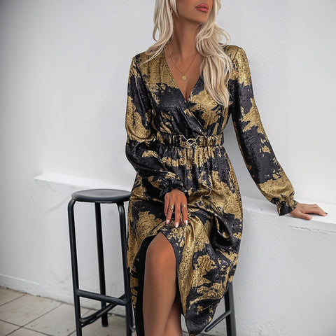 Temperament v-neck long-sleeved A-pendulum bronzing dress autumn women's high-end m300808