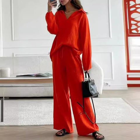 Elegant women's casual loose suit women's long-sleeved top + drawstring trousers suit autumn lapel two-piece set m301184