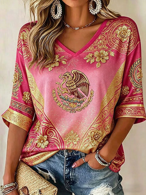 Down shoulder V-neck seven-quarter sleeve 3D printed women's top T-shirt m302844