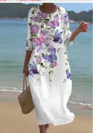 Loose crew neck fashion high-end long-sleeved printed dress m301053