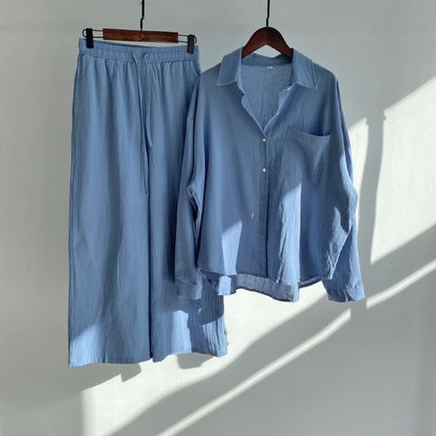 Cotton and linen shirt set high waist loose trousers m301983