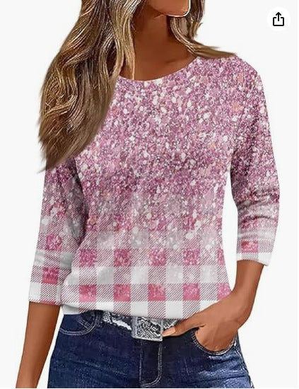 Slim and thin imitation cotton round neck printing solid color seven-quarter sleeve long sleeve m302884