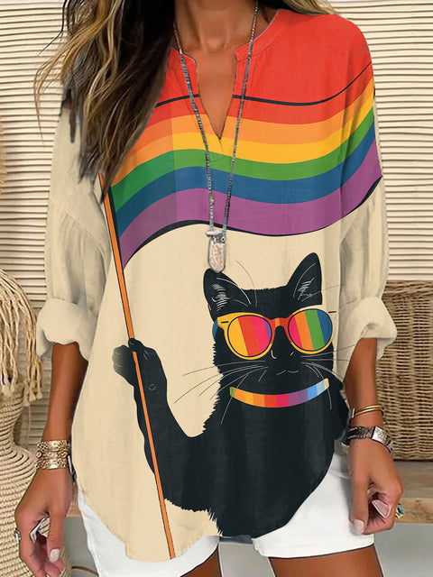 Loose 3D Printed V-Neck Shirt Long Sleeve T-Shirt m301360