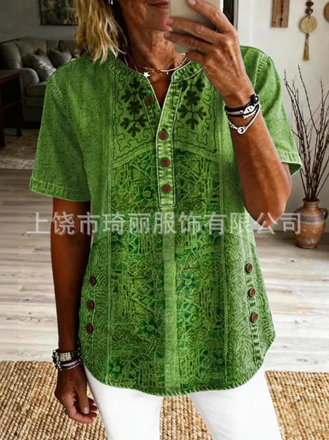 Women's Floral Print V-Neck Casual Women's Short Sleeve Top FF303332
