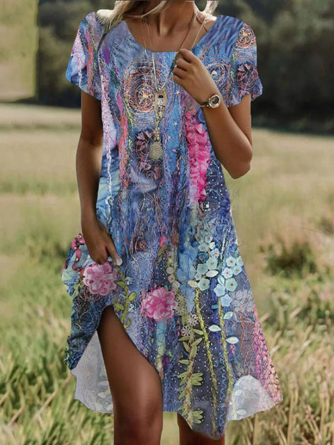 Crew neck short sleeve digital positioning print dress m302906