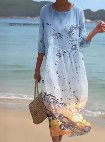 Loose crew neck fashion high-end long-sleeved printed dress m301053