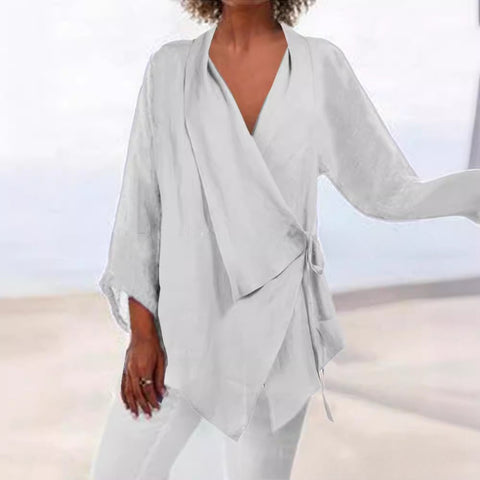 Solid color lace-up irregular hem cotton and linen women's casual top m302058