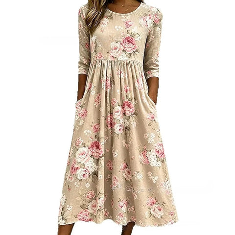 3D printed floral element women's crew neck pocket dress m303029