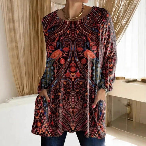3D printed women's new medium and long pocket round neck pullover fashion T-shirt m303192