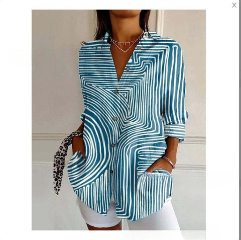 3D digital printing abstract pattern women's long-sleeved buckle linen shirt m302749-01
