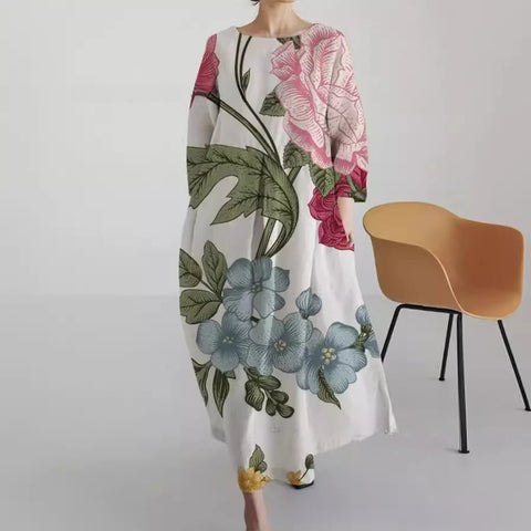 Loose Crew Neck Fashion Long Sleeve Printed Dress m301072