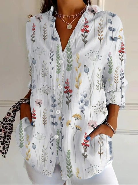 3D digital printing abstract pattern women's long-sleeved buckle linen shirt m302749-01