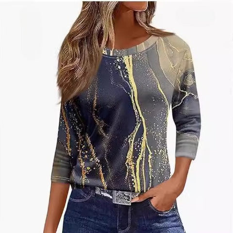 Slim and thin imitation cotton round neck printing solid color seven-quarter sleeve long sleeve m302884