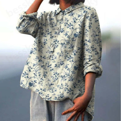 Long Sleeve Bamboo Linen Printing Fashion Versatile Lapel Shirt m301040