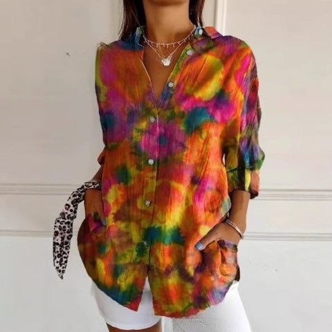 3D digital printing abstract pattern women's long-sleeved buckle linen shirt m302749-01