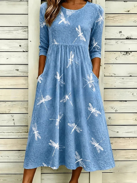 3D printed floral element women's crew neck pocket dress m303029