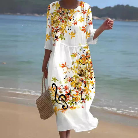 Loose crew neck fashion high-end long-sleeved printed dress m301053