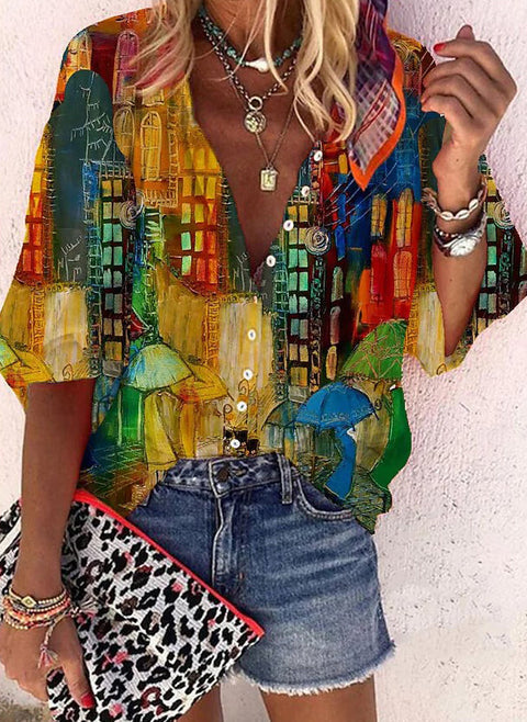 Color Block V Neckline Half Sleeve Blouses m161504887 (5825578)